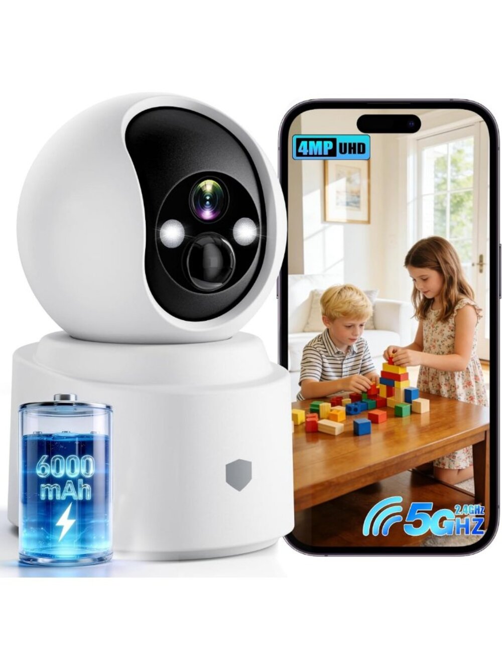 4MP HD Wireless Indoor Security Camera - Rechargeable, Motion Detection, Night